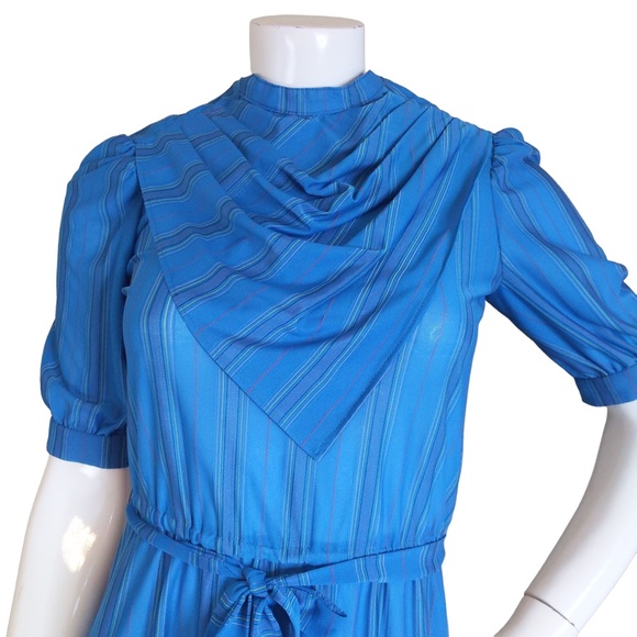 Vintage Teal Blue Striped Ruffle Neck 3/4 Sleeve Midi Dress - Picture 2 of 13